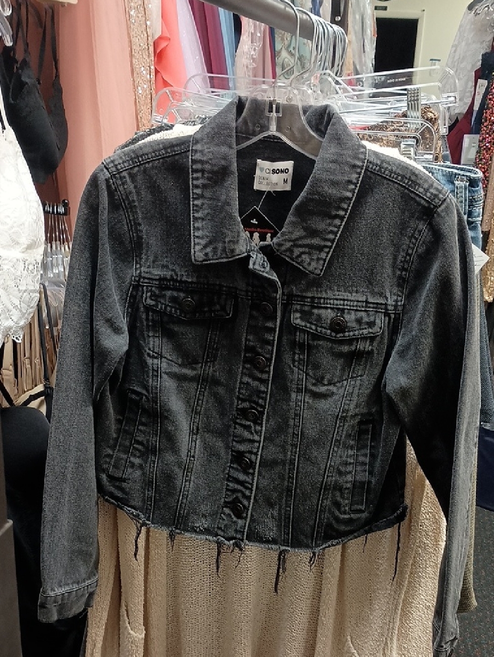 Ci Sono Black Cropped Denim Jacket with Frayed Hem